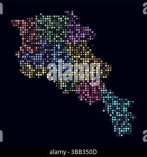 Armenien, Form des Landes, aus farbigen Zellen gebaut. Digitale Karte Armeniens auf dunklem Hintergrund. Kleine abgerundete quadratische Blöcke. Stock Vektor