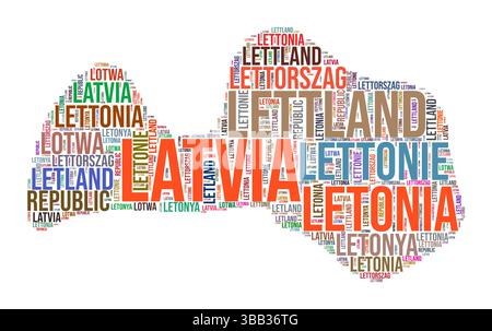 Lettland Land Form Wort Wolke. Typografie-Stil Länderdarstellung. Lettland Bild im Wolkenstil. Vektorabbildung. Stock Vektor