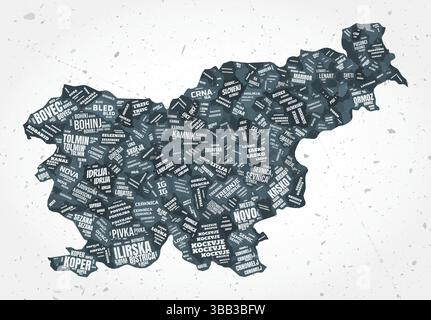 Slowenien Regionen Wortwolken. Länderform auf strukturiertem Hintergrund. Slowenisches Design im typografischen Stil. Lebendige Vektor-Illustration. Stock Vektor
