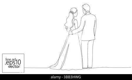 Eine Linie, die Braut und Bräutigam zeichnet. Durchgehende Linienkunst für Brautpaare im minimalistischen Stil. Feier Einladung Love Story Design. Einfach Stock Vektor