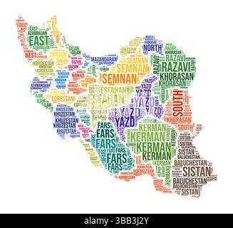 Wortwolke für die Region Iran. Ländliches Design. Iran farbige Illustration. Bereichsnamen Collage Cloud. Vektorabbildung. Stock Vektor