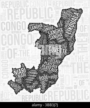 Republik Kongo Regionen Karte Wortwolke. Namen der Republik Kongo. Schwarz-weiß-Kartendesign. Fantastische Vektor-Illustration. Stock Vektor