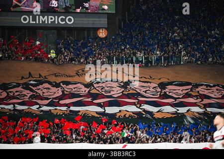 Fans des Bologna FC beim Coppa Italia-Finale zwischen dem AC Milan und dem Bologna FC am 14. Mai 2025 im Stadio Olimpico in Roma, Italien. Foto: Tiziano Ballabio Stockfoto
