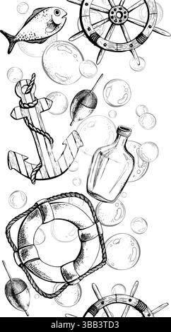 Anker, Schiffsrad, Rettungsschwimmer, schwimmender Angelschwimmer mit Fischen und Blasen. Handgezeichnetes Aquarell. Nahtloser vertikaler Rand, Muster Stock Vektor