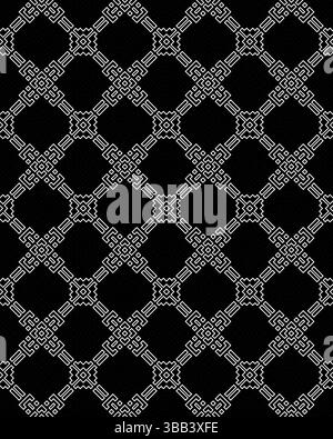 Ein detailliertes geometrisches Muster zeigt weiße ineinander greifende Designs, die symmetrisch auf einem soliden schwarzen Hintergrund angeordnet sind und die Kunstfertigkeit hervorheben. Stockfoto