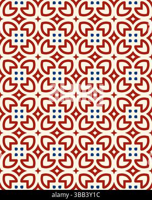 Geometrisches Muster mit ineinander greifenden Formen in Rot, Blau und Creme schaffen ein lebendiges dekoratives Design mit modernem Touch. Stockfoto