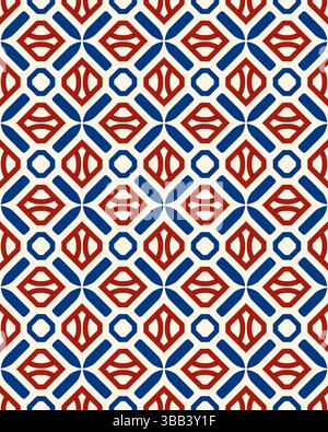 Das lebendige Fliesenmuster zeigt komplexe geometrische Designs in Rot, Blau und weiß, die perfekt für dekorativen Charme angeordnet sind. Stockfoto