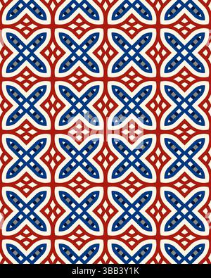 Ein lebendiges Design zeigt ineinander greifende rote und blaue Formen, die ein faszinierendes geometrisches Muster für verschiedene Anwendungen schaffen. Stockfoto
