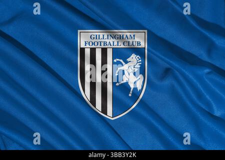Pringsewu, lampung 25. Mai 2025; Textur der Wellenflagge des Logos des Gillingham-Fußballvereins in Liga 2 efl, 3D-Illustration Stockfoto