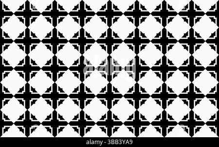 Ein auffälliges Arrangement aus schwarz-weißen Formen mit wiederholten Quadraten und Diamanten, die ein einnehmendes geometrisches Muster bilden. Stockfoto