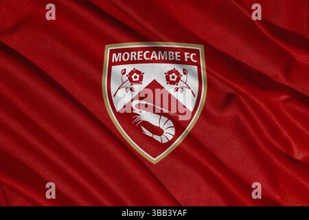 Pringsewu, lampung 25. Mai 2025; Textur der Wellenflagge des Logos des Fußballvereins Morecambe in Liga 2 efl, 3D-Illustration Stockfoto