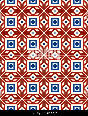 Ein lebhaftes Design, das aus geometrischen Formen in Rot, weiß und Blau besteht und auf einer hellen Oberfläche ein beeindruckendes Bild erzeugt. Stockfoto