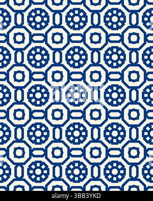 Detaillierte geometrische Muster in Blau und weiß, die an klassische Fliesendesigns in historischer Architektur erinnern. Stockfoto