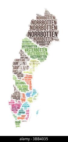Wortwolke der Region Schweden. Ländliches Design. Farbige Abbildung in Schweden. Bereichsnamen Collage Cloud. Vektorabbildung. Stock Vektor