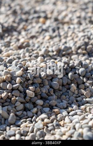 Nahaufnahme kleiner Kiessteine bei weichem Naturlicht. Strukturierte Oberfläche, ideal für Hintergründe, Baumaterialien oder abstrakte Designs. Stockfoto