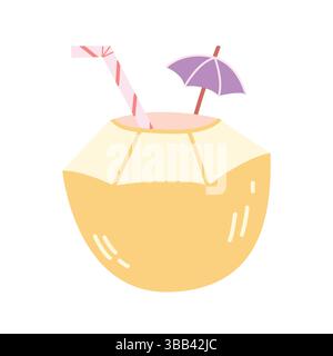 Handgezeichnetes tropisches Kokosnussgetränk mit Strohhalm und Regenschirm. Niedliches und minimalistisches Sommerdesign in Pastelltönen. Perfekt für Urlaub, Strand oder Pool Stock Vektor
