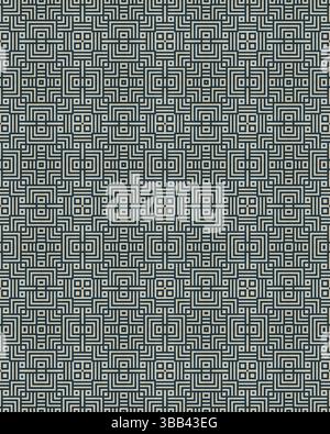 Dieses Kunstwerk zeigt ein komplexes sich wiederholendes Muster aus ineinander greifenden Quadraten, das Symmetrie und Präzision in einem gedämpften Farbschema betont. Stockfoto