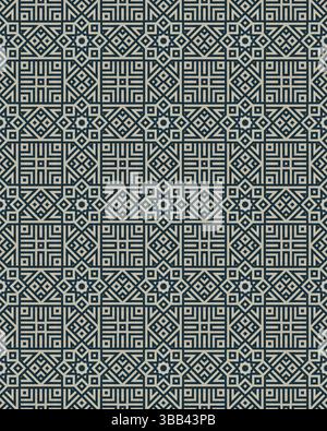 Diese Grafik zeigt ein komplexes geometrisches Muster mit ineinander greifenden Formen in einer strukturierten und symmetrischen Anordnung. Stockfoto