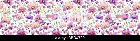Handgezeichnetes lila Kosmos Blumen nahtloses Muster. Exotisches Blumenmuster für Stoff, Textilien und Kleidung. Nahtloser Hintergrund mit violettem Kosmos Stock Vektor