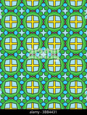 Das lebhafte Layout zeigt miteinander verbundene geometrische Formen in Grün, Blau und Gelb und zeigt ein auffälliges, symmetrisches Muster. Stockfoto