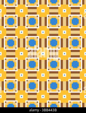 Dieses lebendige geometrische Muster mit wiederholten Quadraten und Punkten in Gelb-, Blau- und Brauntönen sorgt für ein lebendiges Design. Stockfoto