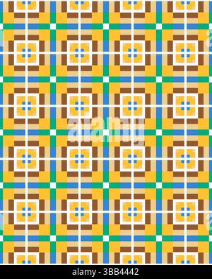 Dieses Design verfügt über ein lebendiges geometrisches Muster, das helle Farben und symmetrische Formen kombiniert, perfekt für moderne Ästhetik. Stockfoto