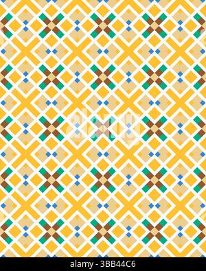 Ein lebendiges geometrisches Muster mit gelbem Hintergrund und farbenfrohen Designs. Dieses Kunstwerk eignet sich perfekt für die Innendekoration oder das Textildesign. Stockfoto