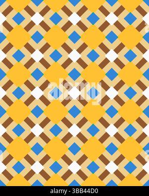 Das helle, komplexe geometrische Design zeigt ein sich wiederholendes Muster aus Diamanten und Quadraten in leuchtendem Gelb, Braun und Blau. Stockfoto
