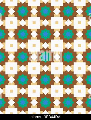 Ein kompliziertes geometrisches Muster zeigt braune, blaue und weiße Formen in einem nahtlosen Design, ideal für Textilien. Stockfoto