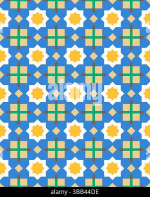 Dekorative geometrische Formen in Gelb, Grün und Beige sorgen für ein auffälliges Muster vor blauem Hintergrund. Stockfoto