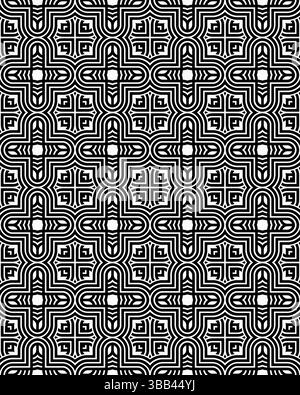 Komplexes Design mit abwechselnden geometrischen Formen in Schwarz und weiß, das ein optisch fesselndes Muster über den gesamten Bereich schafft. Stockfoto