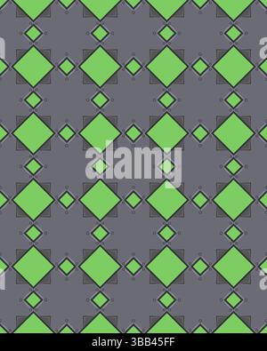 Dieses Kunstwerk zeigt ein lebhaftes Muster mit grünen Diamanten auf grauem Hintergrund mit strukturiertem Layout. Stockfoto