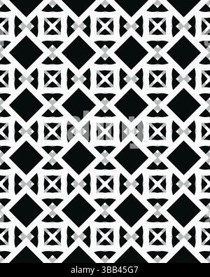 Dieses Kunstwerk zeigt ein detailliertes Muster aus beeindruckenden geometrischen Formen in einem auffälligen Schwarz-weiß-Design. Stockfoto