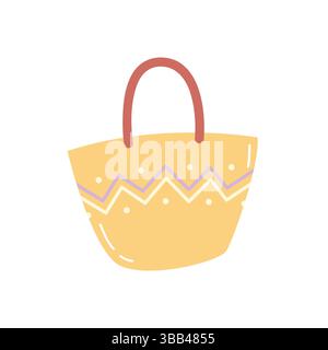 Vektor-Illustration einer niedlichen Strohstrandtasche mit Zickzack-Muster. Perfekt für Sommer, Urlaub oder Modedesign. Isoliert auf weißem Hintergrund. Stock Vektor