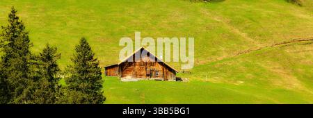 Malerische Holzhütte in üppig grünen Hügeln, umgeben von hohen Bäumen bei Tageslicht Stockfoto