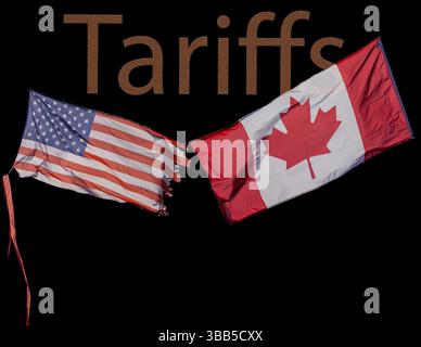 Kanadische und US-amerikanische Flaggen auf schwarzem Hintergrund Stockfoto