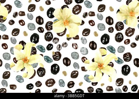 Papayasamen und Blumen nahtloses Aquarellmuster isoliert auf weiß. Handbemalte Frucht-Clip-Art, perfekt für kulinarische Designs, Textilien und Verpackungen Stockfoto