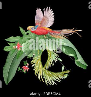 Fliegender Paradiesvogel, Palmblätter und Passionsblumen Aquarellillustration auf Schwarz. Handgezeichneter Regenwald Natur isoliertes Clipart, Skizzenstil Stockfoto