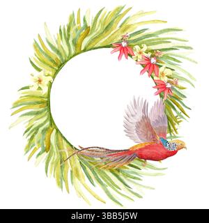 Fliegende goldene Fasane, Palmblätter, rote weiße tropische Blumen Aquarellkranz. Handgezeichneter Regenwald Natur isoliertes Clipart, Skizzenstil. Exotisch Stockfoto