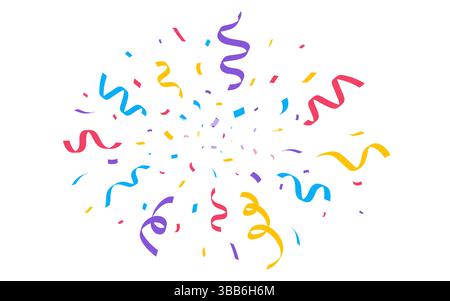 Feiere Konfetti mit bunten Papierschlangen auf weißem Hintergrund. Konfetti-Explosion für Veranstaltungen, Feiertage oder Einladungen. Vektorabbildung Stock Vektor