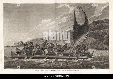 Hawaiianische Ruderer in Masken rudern ein Doppelhüllenkanu mit aufrechtem Latinensegel in einem Krabbenkrallenmast. Die zehn Ruderer tragen Kürbishelmmasken, die mit Farnwedel und Stoffstreifen verziert sind. Ein Mann hält ein geschnitztes Idol und ein anderer sprengt eine Muschelschale. Nordwestliche Seite der Kealakekua Bay. Pirogue des Isles Sandwich avec les rameurs Masques. Kupferstich unter der Regie von Robert Benard nach einer Illustration von John Webber aus der französischen Übersetzung von Captain James Cooks Third Voyage, Troisieme Voyage de Capitaine Cook, Hotel de Thou, Paris, 1785. Stockfoto