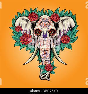 Mexikanischer Elefantenschädel verziert mit Rosen und Blättern Vektor-Illustrationen für Ihre Arbeit Logo, Merchandise T-Shirt, Aufkleber und Label Designs, poste Stock Vektor