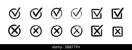 Häkchen-Symbol-Set aktivieren. Kreuzfeld x Häkchen Kontrollkästchen V Liste Vektor Zeichnung handgezeichnet Skizze Kritzelpinsel Marker Checkliste Symbol falscher rechter Kreis. Vektorabbildung Stock Vektor