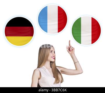 Junge Frau umgeben von Dialogblasen mit Länderflaggen. Deutschland, Italienisch, Tschechisch. Fremdsprachenlernkonzept Stockfoto