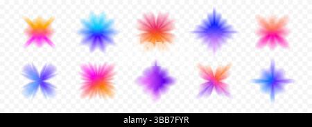 Farbenfrohe, verschwommene Verlaufsblumen und Sterne Kollektion. Set mit hellen, unscharfen Aura-Formen. Verblasste abstrakte Elemente für Poster, Vorlage, Abzeichen, Aufkleber, Collage. Vektor irisierende glatte Form Blume Pack Stock Vektor