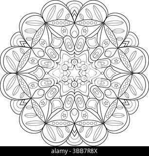Kompliziertes schwarzes und weißes Mandala-Muster mit floralen und geometrischen Elementen mit Sternenakzenten. Ideal zum Ausmalen von Büchern oder dekorativen Designs Stock Vektor