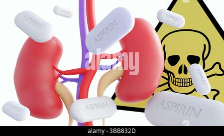 Eine 3D-Darstellung des Nieren- oder Harnsystems, des Schädel- und Kreuzknochensymbols und des Aspirins der Pillen. Stockfoto