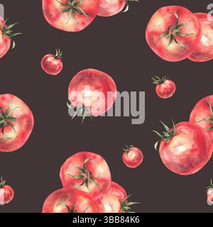 Große rote Tomaten- und Kirschtomaten-Variationen nahtloses Aquarellmuster. Realistisch gemalte Illustration. Ganze reife Früchte mit grünem Stiel für Stockfoto