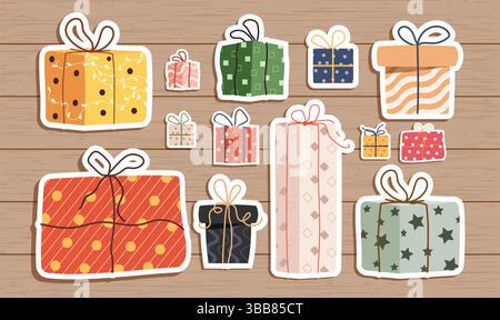 Geschenkbox Aufkleber farbenfrohe Clipart-Set. Geschenkbox Umriss Aufkleber Clip Art Kollektion für Geburtstag, weihnachten und Feiertagsdekoration Zeichenelemente Stock Vektor