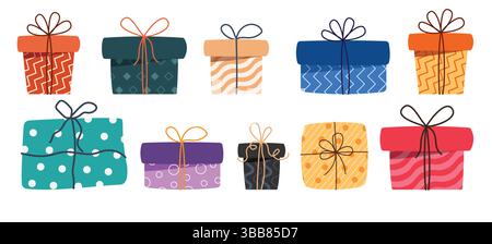 Geschenkbox Clipart-Set mit farbenfrohen Elementen. Geburtstagsgeschenkboxen Icon Clip Art mit Muster und bedruckten niedlichen Geschenk Design Kollektion auf weißem Hintergrund Stock Vektor